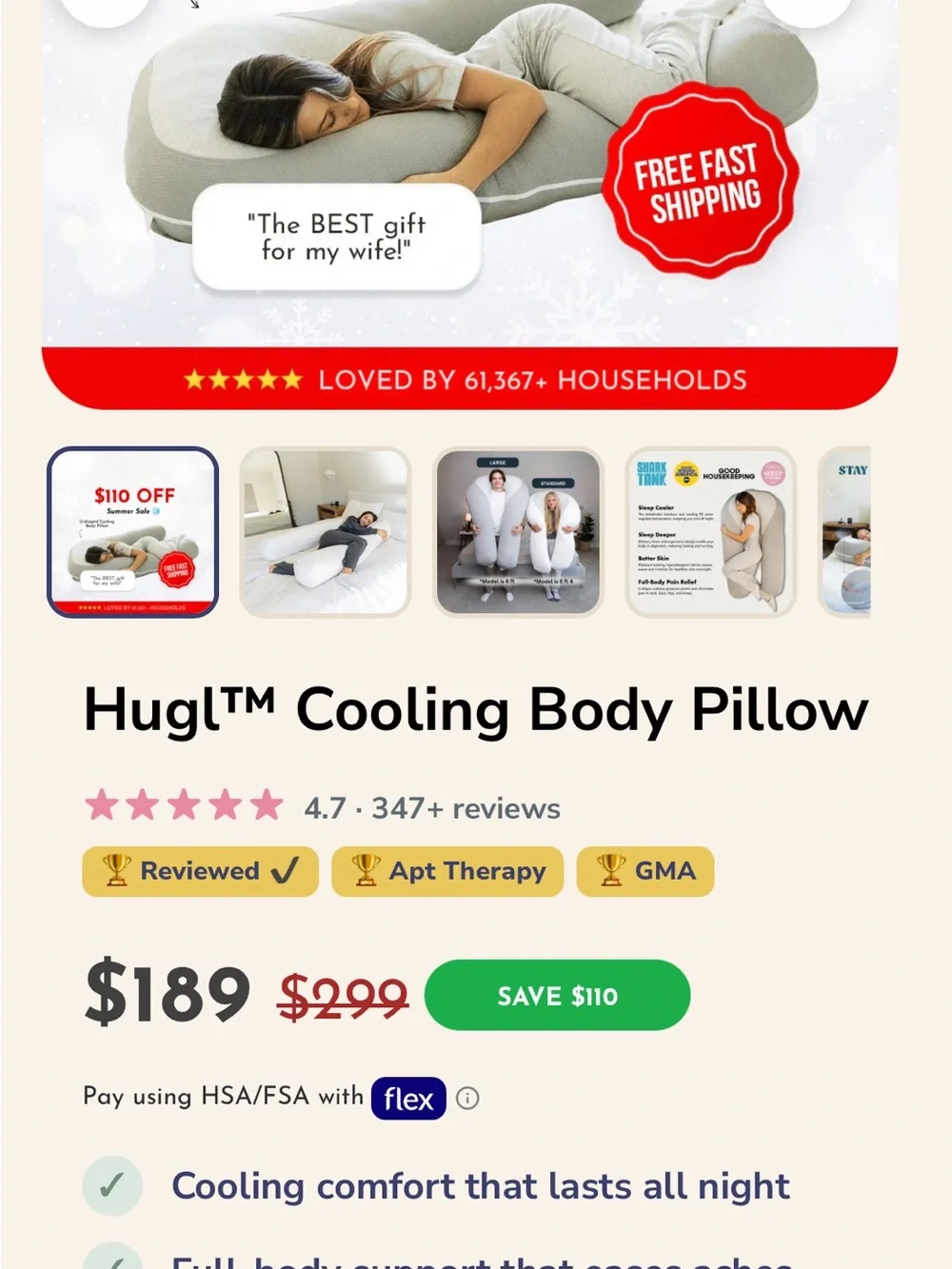 U-Shaped Cooling Body Pillow in Light Gray